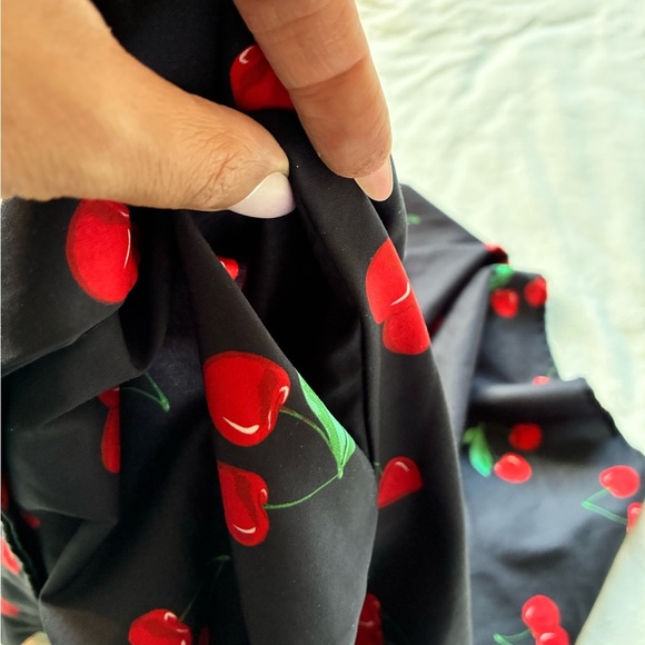 Belle Poque Cherry Print A-Line Midi Skirt w/ Tie Waist Black M— Pin-up Style - Picture 5 of 10